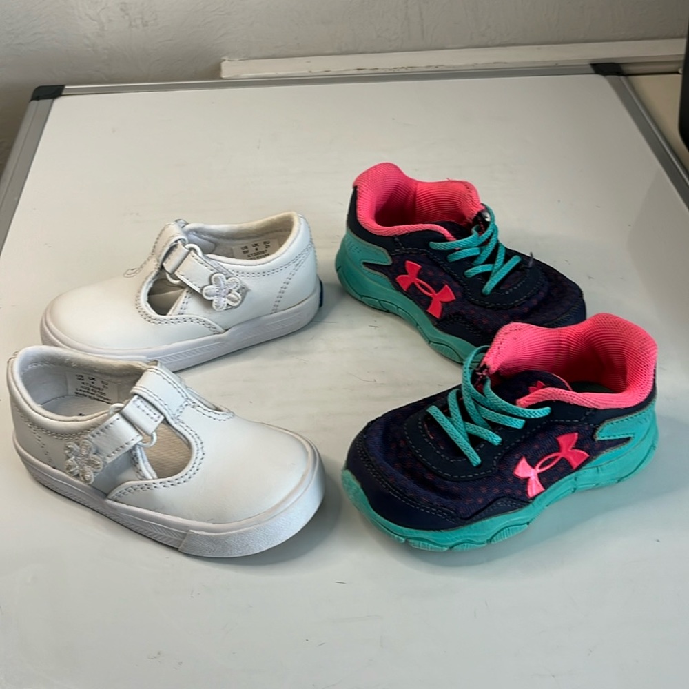2 Pair Kids Shoes Keds Memory Foam White Mary Jane 5M Under Armour 5K